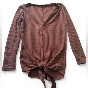 Waffle Knit Button Front Tie Waist Long Sleeve Top | Size: Small | Mauve